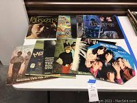 Lot of 9 vintage vinyl records by The Doors and The Rolling Stones laid out on a white surface showing cover artwork.