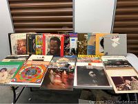 Full view of all vinyl records laid out on table showing front covers.
