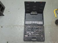 Image of the entire open socket and tool set in black plastic case showing sockets, ratchets, and extensions.