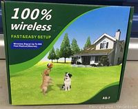 Box with product branding showing wireless dog training perimeter sensor collar set with 900 feet range