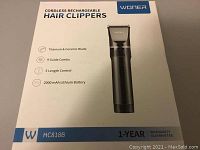 Box with product image and key features of Woner HC818B hair clippers