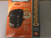 Photo of the Proctor Silex sandwich maker box showing product image and key features, including 5-minute ready time and use of fresh ingredients like eggs and cheese.