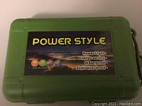 Closed green hard plastic protective case labeled 'POWER STYLE' with features: power light, energy-saving, waterproof, explosion-proof