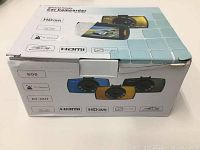 Box of the portable car camcorder showing various features and images of the device.