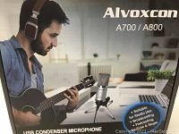 Lifestyle photo of Alvoxcon A700/A800 USB condenser microphone with tripod stand and headphones, showing product name and suitable applications.