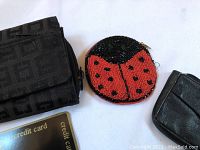 Photo showing ladybug coin purse, Etienne Aigner black wallet, and credit card for size reference