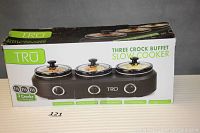 Closed box of TRU Three Crock Buffet Slow Cooker showing branding and product image