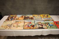 Full set of 12 vintage children's flat puzzles laid out on a table showing colorful and varied illustrations.