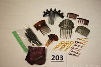 Full layout of vintage hair clips and pins including bakelite combs, metal clips, and multiple small hair pins in bags.