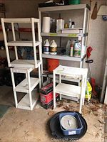 Overview of the three plastic shelving units including one large and two smaller models, along with the items stored on them including cleaning supplies and containers.