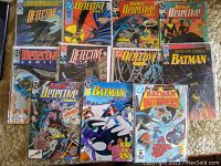 Top view of 11 DC Comics Bronze and Copper Age Batman comics, bagged and boarded with visible covers.
