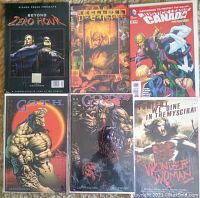 Six comic books displayed showing front covers with titles and artwork of Beyond Zero Hour, The Dreaming Vol 1, Justice League Canada Vol 3, Wonder Woman: Tonight We Dine in Themyscira, and Goth Volumes 1 and 2.