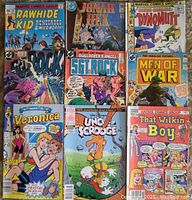 Overview of all nine comic books laid out in three rows, showing colorful covers with various characters and titles.