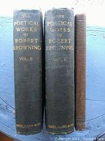 Spines of three antique books: two by Robert Browning with green cloth and gold lettering, and one faded blue cloth by Robert Louis Stevenson.