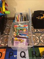 Plastic bins filled with assorted children's books on a patterned floor mat