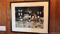 Full view of the framed artwork showing dancing sunflowers in front of a house at night