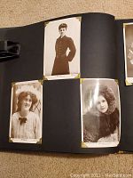 Photo of scrapbook page showing three vintage postcards featuring English actresses in WWI era costumes including a military style coat, large hat with ribbon, and fur collar with hood.