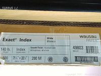 Box label showing Wausau Exact Index white paper details: 140 lb, 255 g/m², smooth finish, 90 brightness, 25.5" x 30.5" size, acid free.