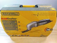 Box packaging of Rockwell SoniCrafter oscillating tool showing model RK5106K, 2.3 amps, variable speed, features and 2 year warranty
