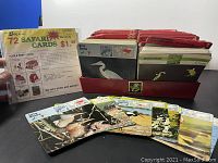 Photo showing the full set of over 1,800 Rencontre Wildlife Safari Animal Fact Cards in a red tray display with labeled dividers. Sample cards laid out in front with colorful wildlife images and title. A promotional advertising pack for 72 cards at $1.99 is included.