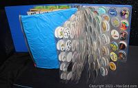 Blue binder open showing many pages of assorted colorful pogs stored in transparent sleeves.