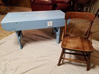 Blue wooden bench and antique child's chair side by side showing overall form and condition