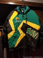 Front of hooded puffer jacket in team colors