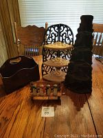 Overview of all items: two different small wooden knickknack shelves, one wooden mail sorter box, and set of four vintage bird-shaped salt and pepper shakers on a small rack.