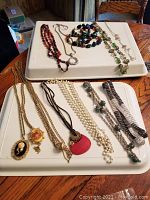 Wide view of various vintage-style necklaces laid on white trays showing cameo pendants, beaded chains, and coral-like pendants