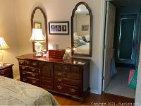 Full view of cherry dresser with both arched mirrors mounted