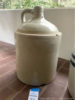 Full side view photo of the 5-gallon stoneware crock with handle, showing overall shape and color.