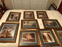 View of all nine framed nature photographs laid out on bed showing assorted nature scenes in matching frames.