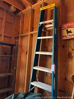 Full view of the Werner 8 foot step ladder leaning against a wooden wall inside a garage.