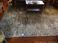 Full view of the Norbul area rug placed on wooden flooring, with furniture around it showing size and condition.