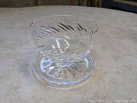 Side angle view of the Waterford Crystal Michelle pattern footed dessert bowl, showing the cut crystal design and pedestal base.
