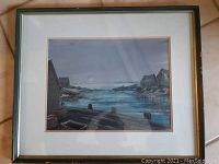 Frontal view of the framed watercolour painting showing the harbour scene and outer frame.