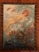 Single framed artwork of a nude red-haired mermaid in turbulent water with small figures, in a beaded pewter and copper frame, 5.5 x 7.25 inches