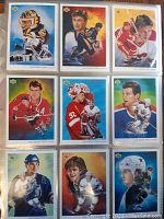 Close-up of 9 vintage 1980s NHL hockey cards featuring various players in colorful painted portrait design in divider sheet
