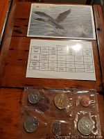 Envelope with image of a diving loon and coin specifications card above the sealed blister pack containing six Canadian coins from 1995.