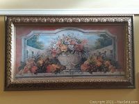 Full front view of framed floral still life print artwork.