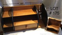 Wooden desk organizer showing multiple compartments and drawer with dimensions 22 inches wide and 11 inches tall.