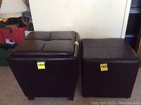 Two dark brown vinyl foot stools side by side, one larger with stitching detail and one smaller