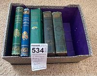 Group of five hardcover books in a decorative box