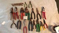 Photo showing full set of 18 miscellaneous hand tools laid out on a cloth surface, includes pliers, cutters, pruning shears.