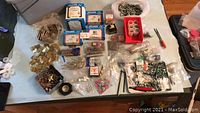 Large assortment of assorted fasteners, screws, nails, hinges, washers, and small hardware components laid out on table for display.