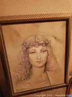 Framed original art portrait of a woman with curly hair and floral headband, 28x24 inches