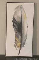 Photo of a framed painting of a feather in gray with gold accents, size 20x40 inches.