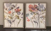 Two framed watercolor floral prints with multicolored flowers and branches on light background, displayed side by side against a neutral wall.