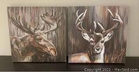 Two square wall art paintings depicting deer and moose on wood plank texture backgrounds, each 16x16 inches.
