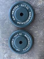 Top view of both 10 lb iron weight plates showing markings and finish.